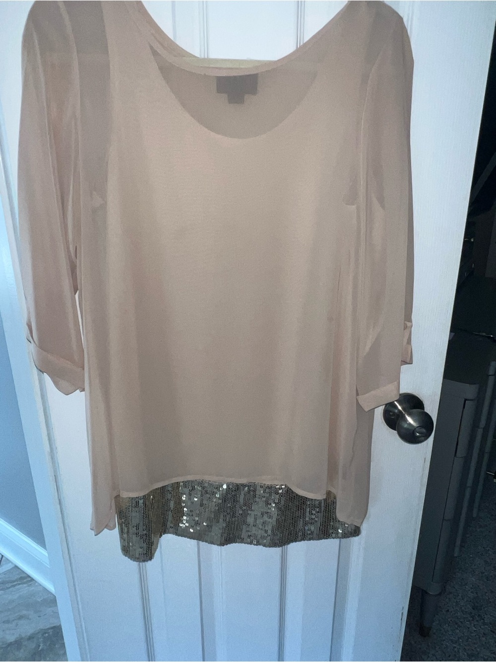 IMAN Sheer Blush Tunic with Gold Sequin Hem.
